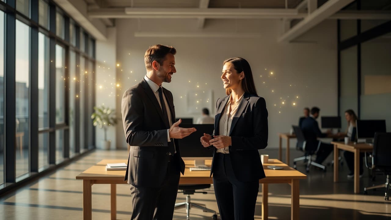 Due colleghi discutono piacevolmente in un ufficio moderno e luminoso. La luce solare crea riflessi dorati tra le scrivanie pulite, evidenziando un clima lavorativo positivo, accogliente e altamente professionale.