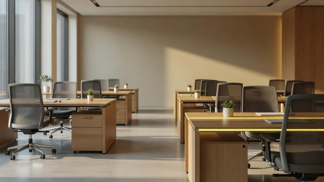 Una luminosa area operativa open space presenta scrivanie ordinate e sedute ergonomiche disposte in modo funzionale. La luce naturale del mattino filtra dalle ampie vetrate, creando un riflesso dorato sugli angoli dei tavoli.