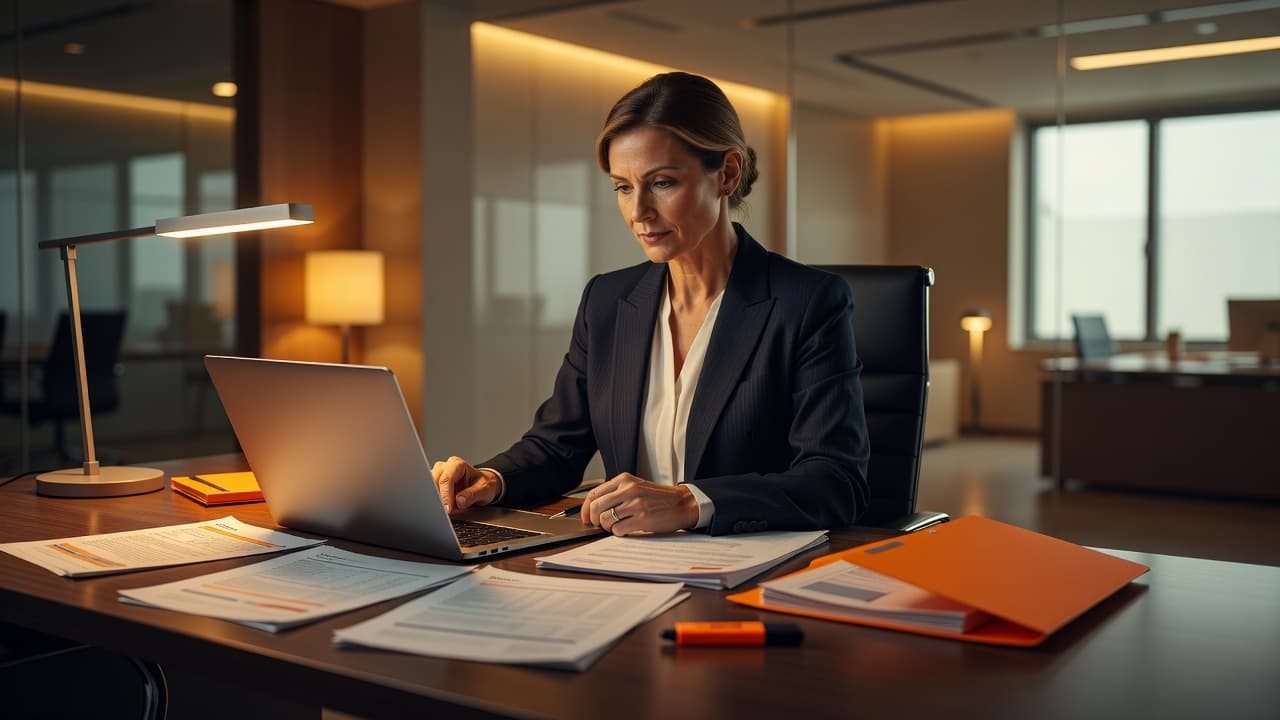 Un professionista esamina pratiche di lavoro e cartelle cliniche in un ufficio moderno.