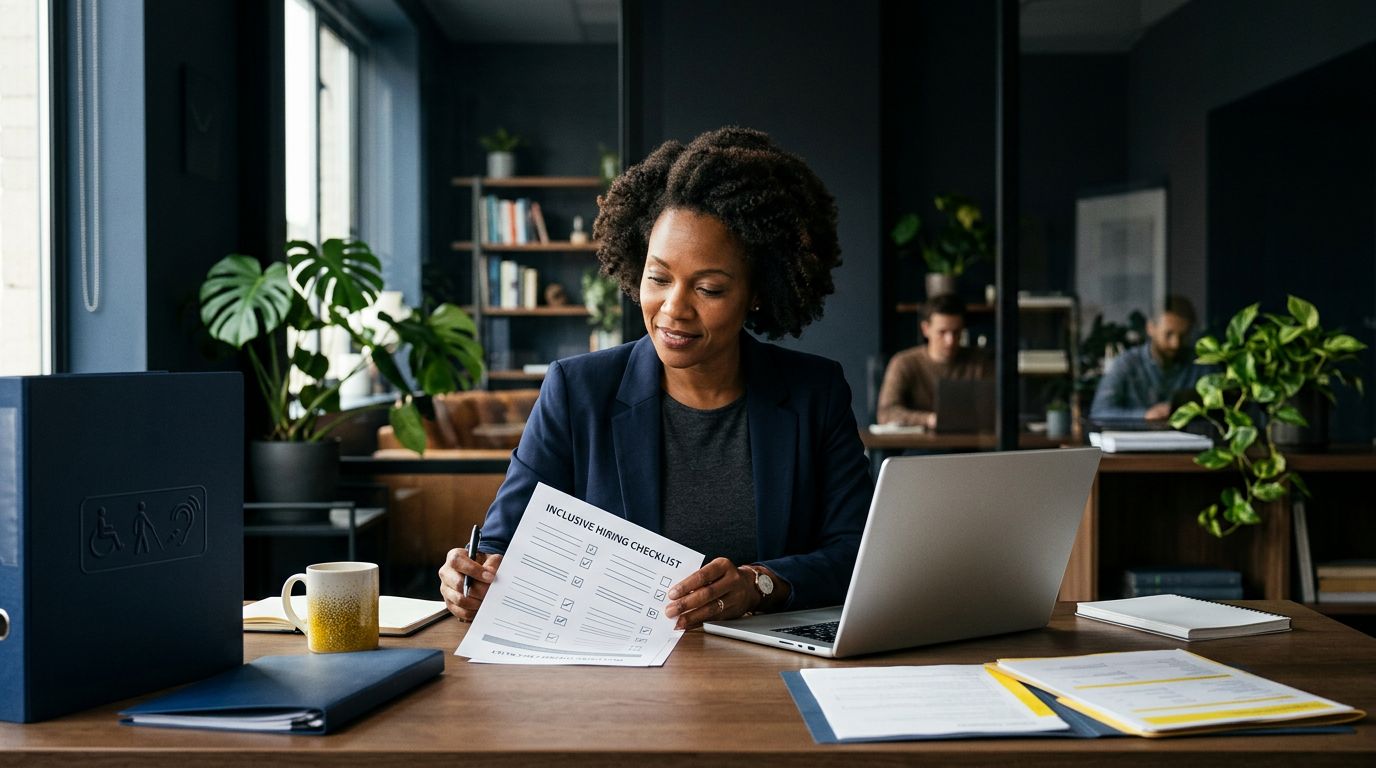 Un manager esamina documenti e checklist su una scrivania in un ufficio moderno.