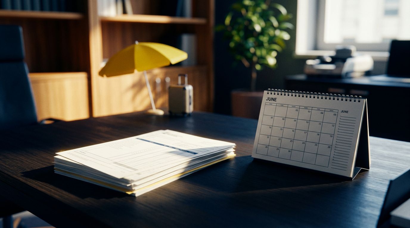 Fogli di lavoro e un calendario su una scrivania illuminati da luce calda.
