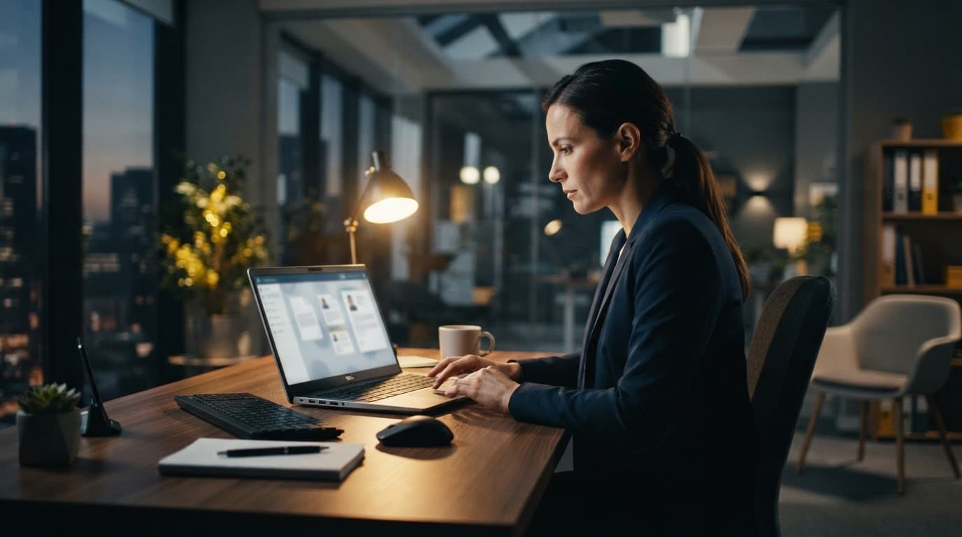 Un manager HR esamina i CV digitali sullo schermo di un computer in un ufficio moderno.