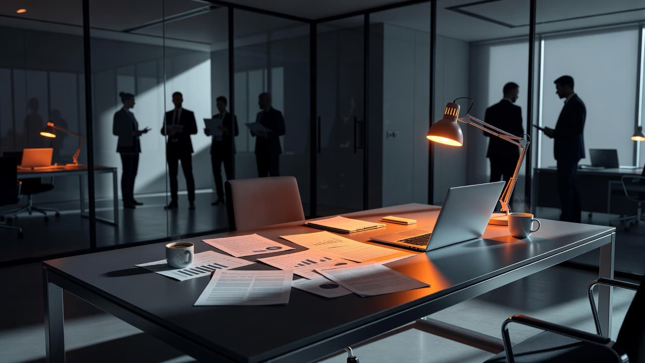 Una scrivania ordinata ospita documenti cartacei, un computer portatile acceso e una tazza di caffè fumante. L'illuminazione drammatica evidenzia contrasti netti tra ombre profonde e luminosi accenti di colore giallo aranciato.