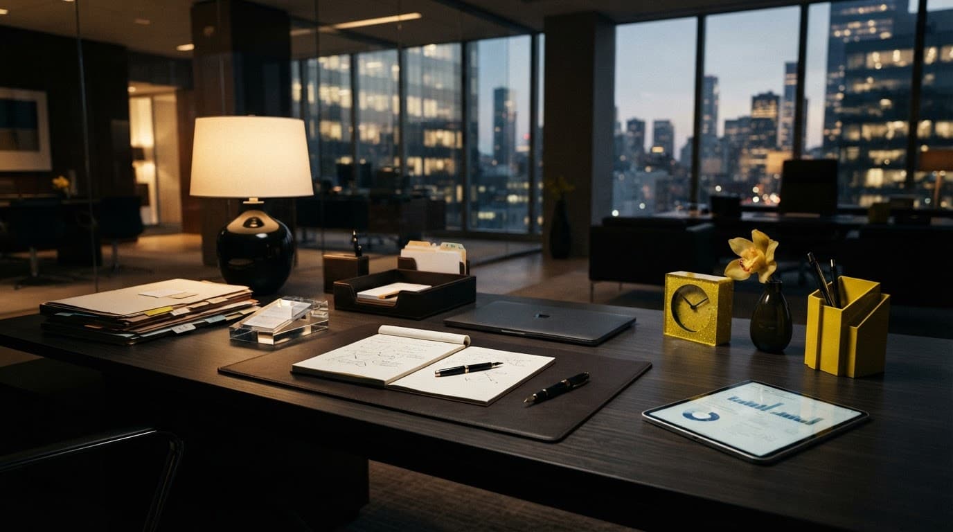 Scrivania direzionale moderna con documenti amministrativi ordinati e accessori professionali in ufficio.
