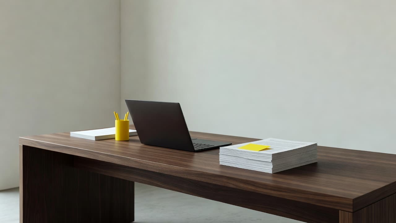 Una scrivania in legno pulita ospita un laptop chiuso e documenti ordinati, illuminati da una luce naturale diffusa. Dettagli giallo acceso creano un contrasto cromatico netto in questo ambiente di lavoro professionale.