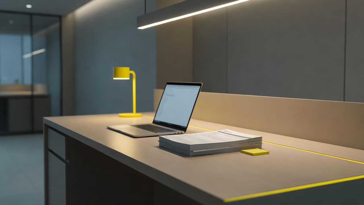 Una scrivania ordinata ospita un computer portatile e documenti amministrativi ben allineati. L'illuminazione calda valorizza l'ambiente professionale arricchito da dettagli gialli, creando uno spazio di lavoro efficiente per la gestione delle trasferte.