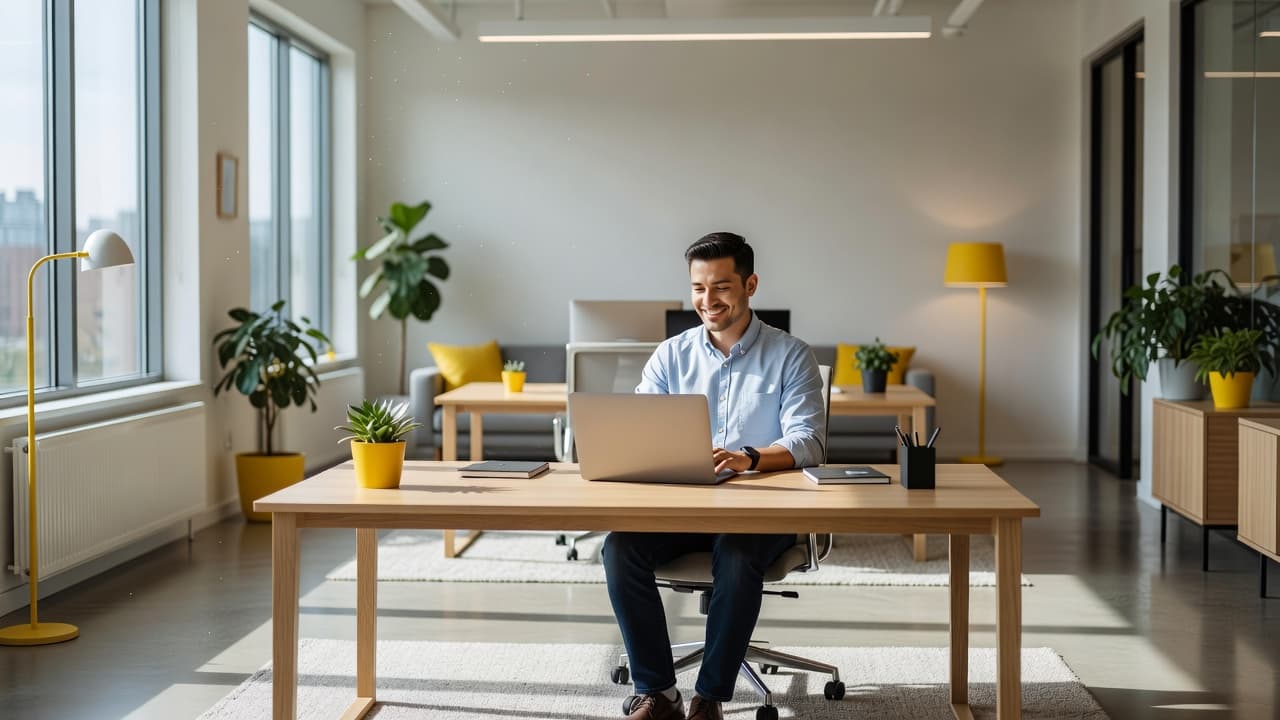 Un impiegato sorridente lavora al computer in un ufficio contemporaneo ben illuminato. L'ambiente presenta arredi accoglienti con dettagli color giallo acceso che creano un'atmosfera professionale stimolante e molto confortevole.