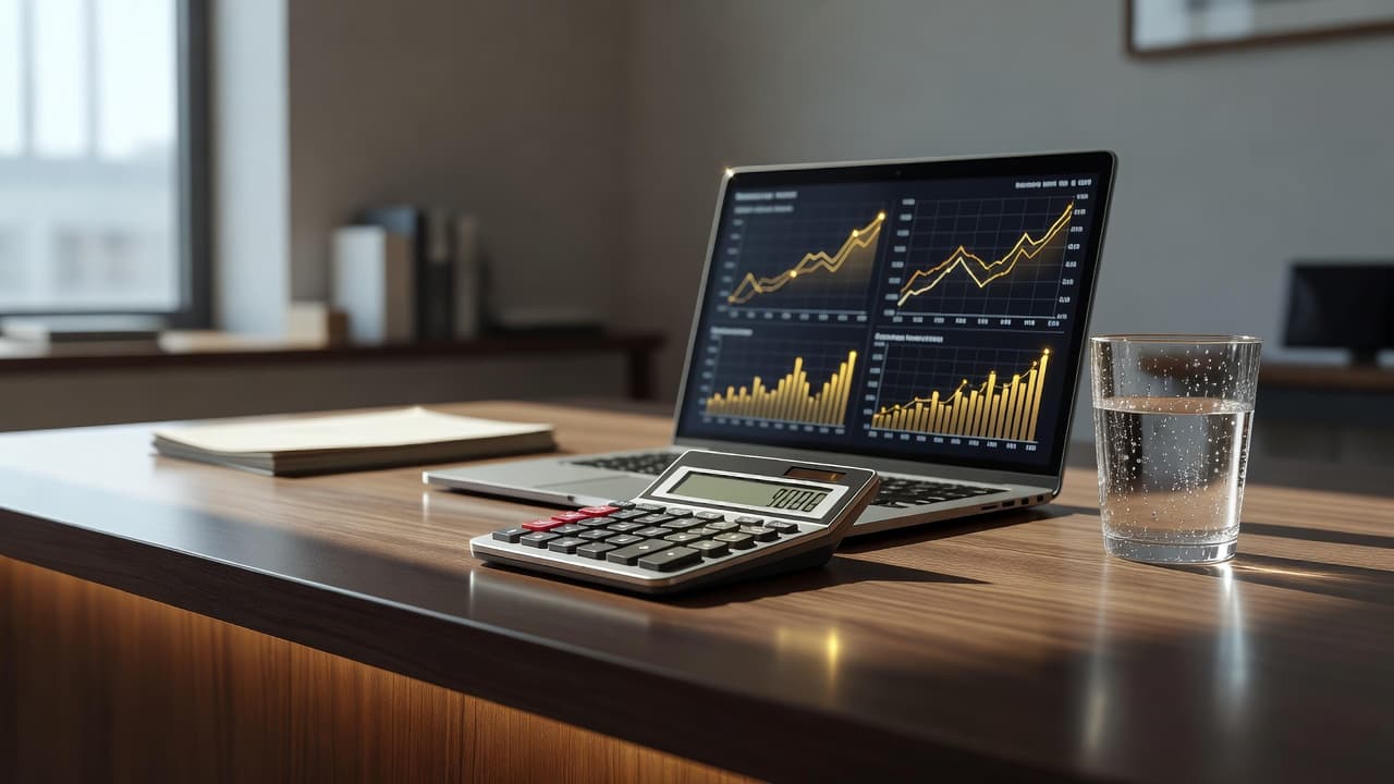 Una scrivania ordinata ospita un laptop con grafici finanziari, una calcolatrice e un bicchiere d'acqua. La luce solare naturale illumina la postazione creando accenti gialli caldi e un forte contrasto visivo.