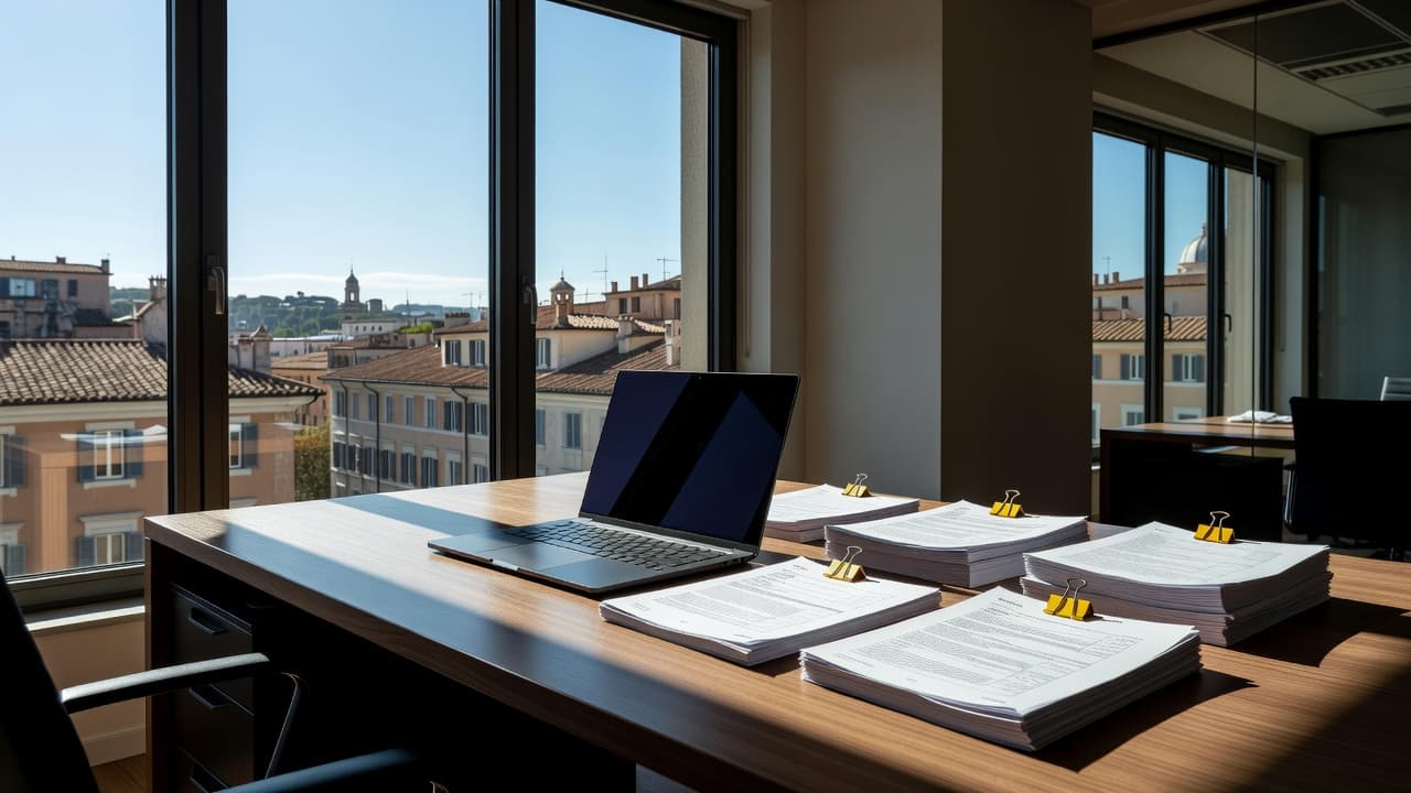 Una scrivania ordinata ospita un computer portatile e documenti finanziari disposti con cura in un luminoso studio romano. Dettagli gialli brillanti aggiungono vivacità alla composizione contemporanea inondata di luce solare naturale.