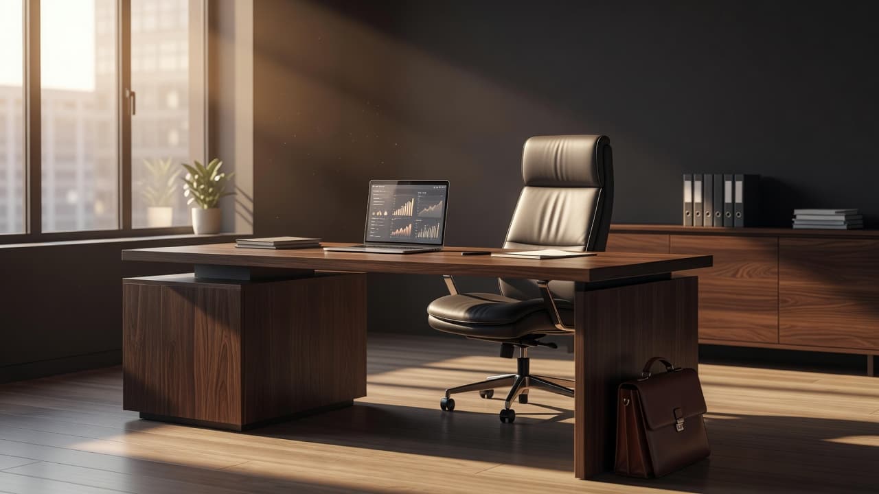 Postazione di lavoro moderna con sedia ergonomica e portatile illuminata dalla luce del sole.