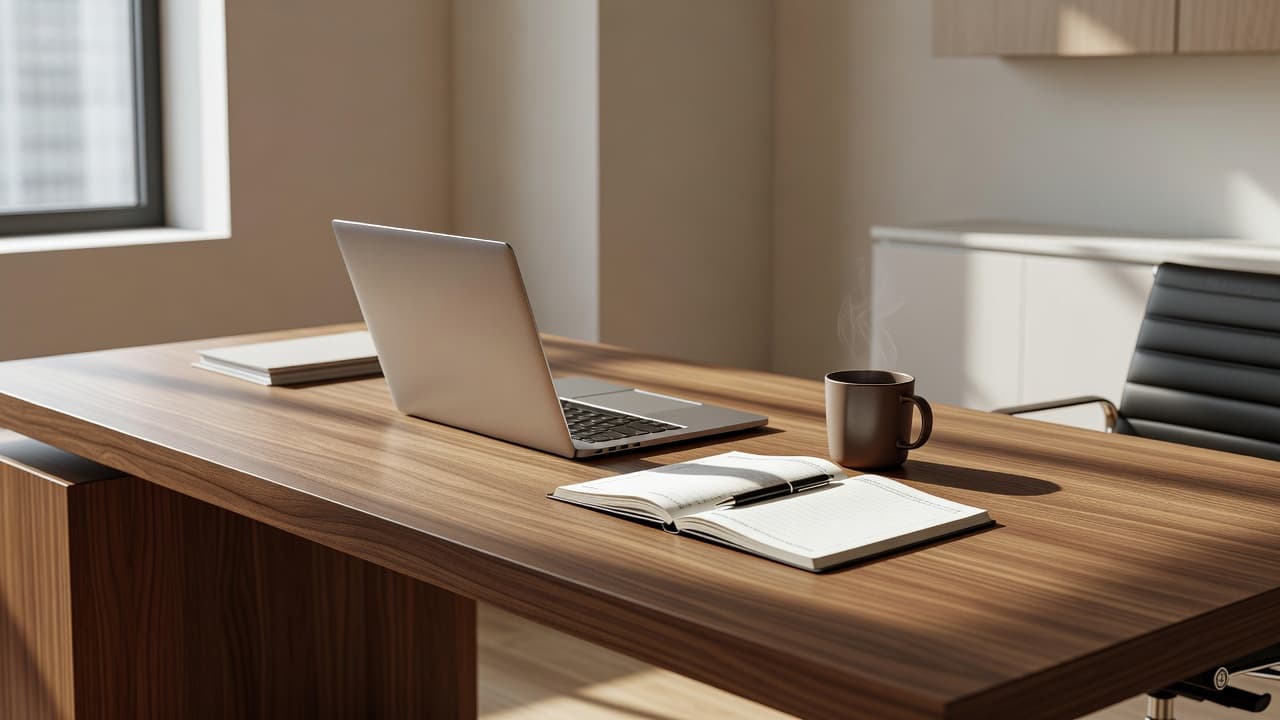 Una scrivania in legno minimalista ospita un computer portatile socchiuso, una tazza di caffè fumante e un'agenda cartacea aperta. La luce naturale proviene dalla finestra laterale illuminando l'ambiente lavorativo con tonalità calde.
