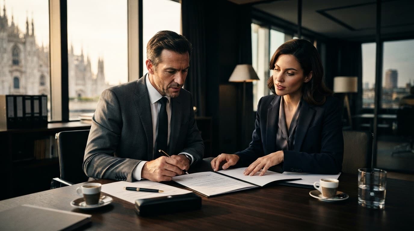 Due manager firmano un accordo in una sala riunioni moderna.
