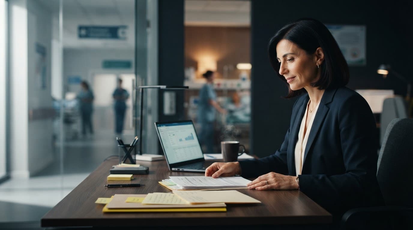 Consulente del lavoro esamina documenti accanto a laptop e tazza di caffè.