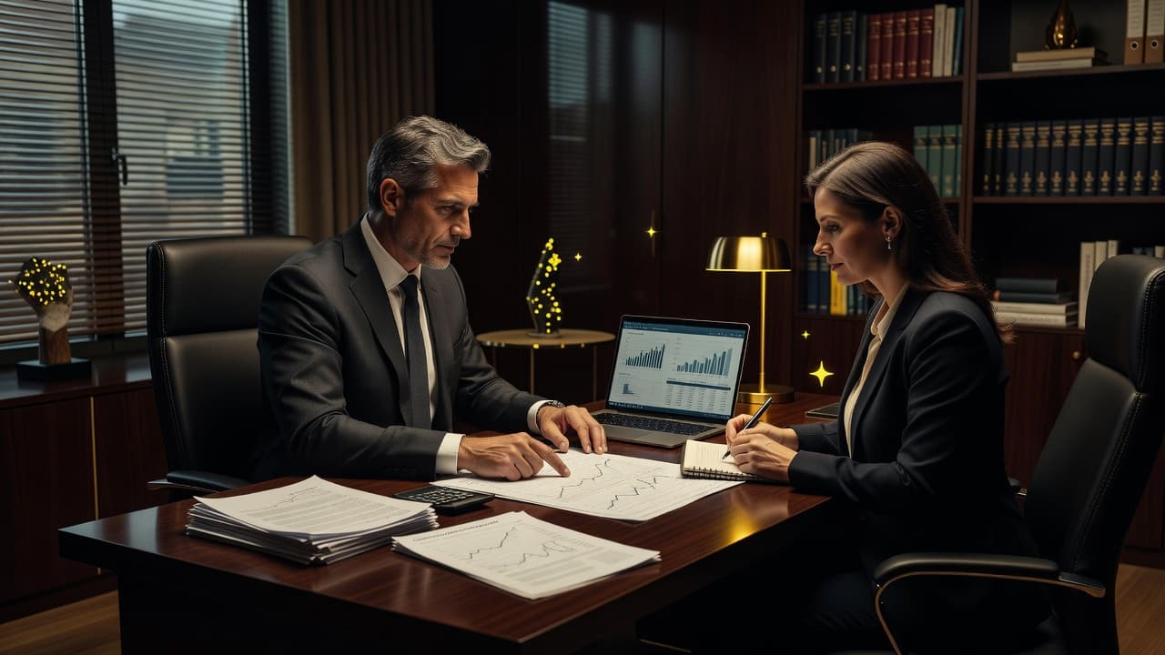Un consulente e un cliente discutono di documenti finanziari e un laptop in un ufficio illuminato.