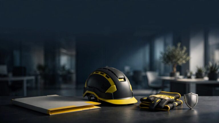 Scrivania con cartella, casco giallo, guanti e simbolo metallico della sicurezza in ufficio.