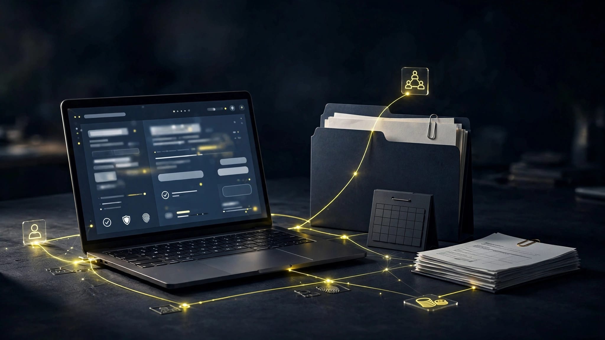 Laptop con certificato sanitario digitale, cartella, calendario e documenti paghe.