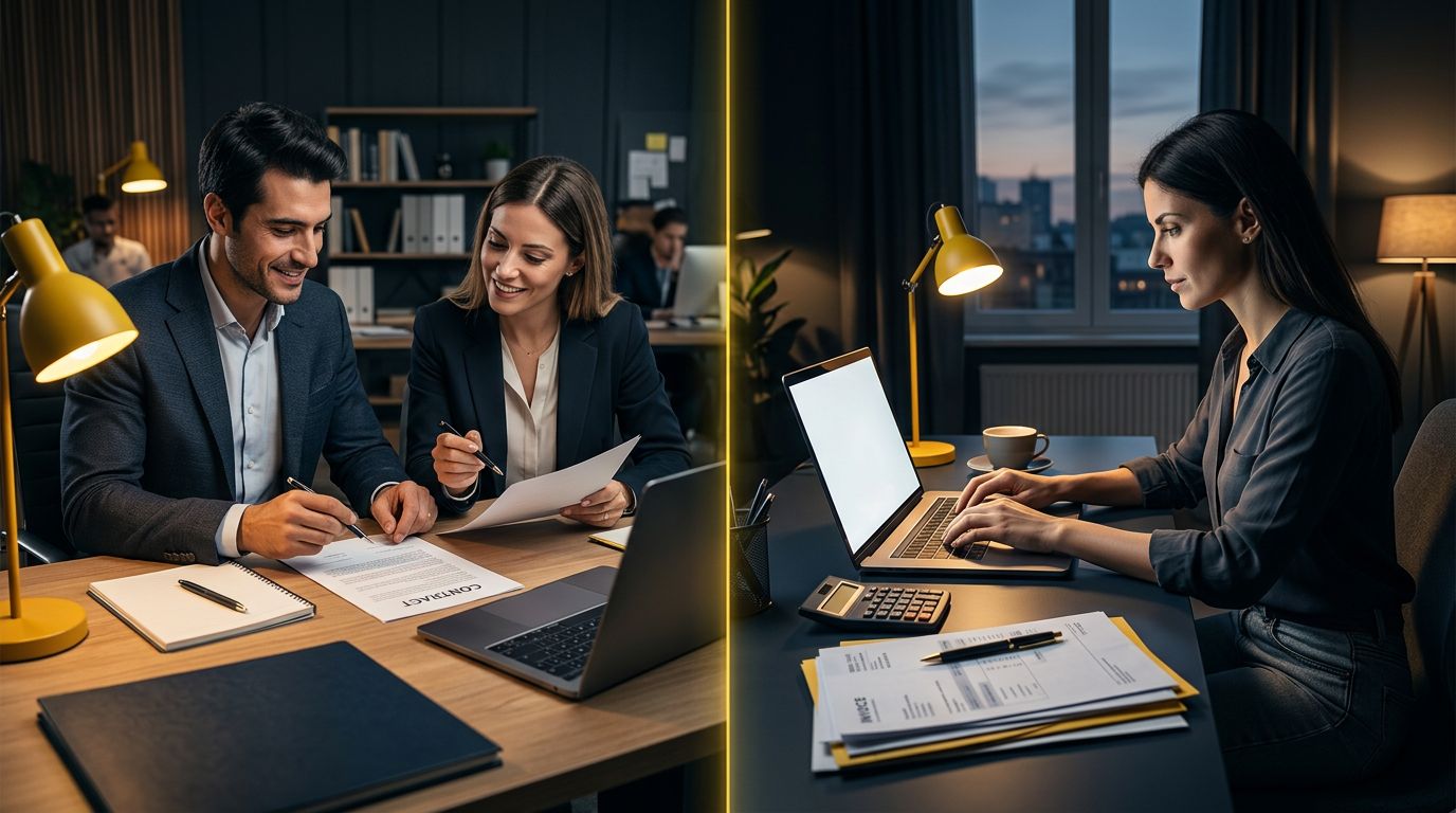 Due professionisti collaborano a sinistra, mentre un consulente lavora da solo a destra.