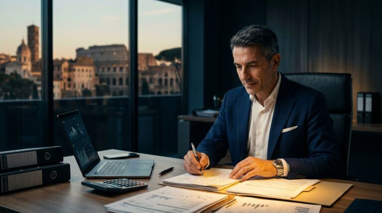 Consulente del lavoro esamina documenti accanto a laptop e cartelle, con Roma visibile dalla finestra.