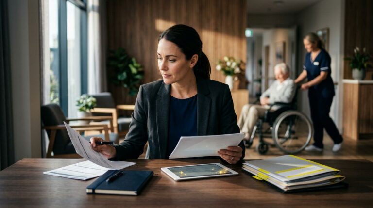 Consulente al lavoro con documenti e tablet in una struttura per anziani.