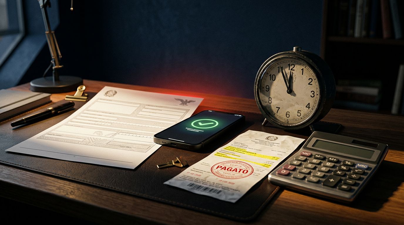 Scrivania con modulo F24, smartphone, orologio fermo, calcolatrice e ricevuta sotto luce rossa.