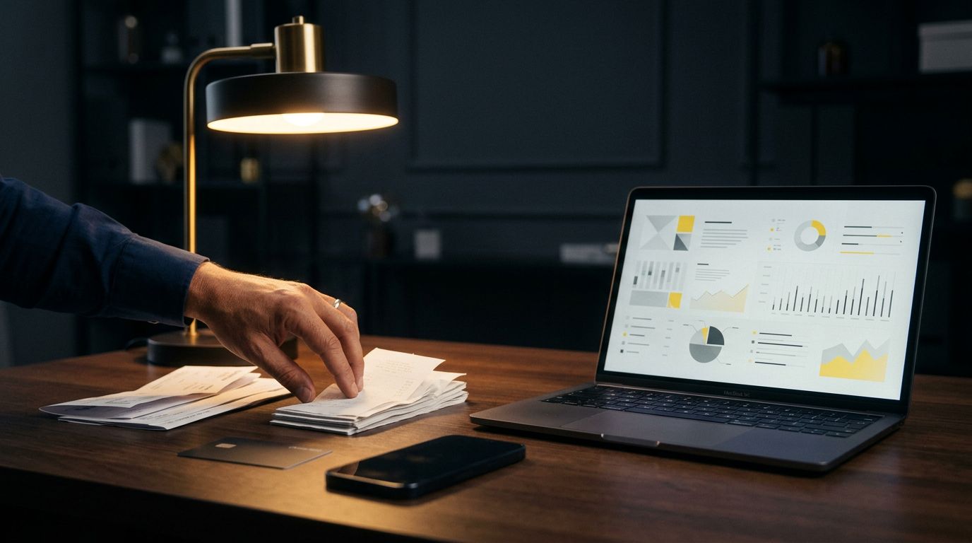 Mano che ordina ricevute e documenti di viaggio accanto a laptop e lampada.