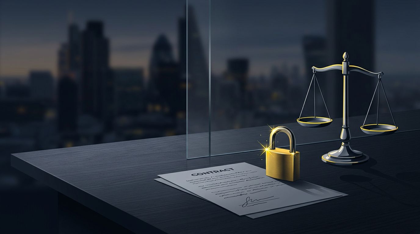 Contratto firmato con lucchetto e bilancia su una scrivania davanti a uno skyline sfocato.