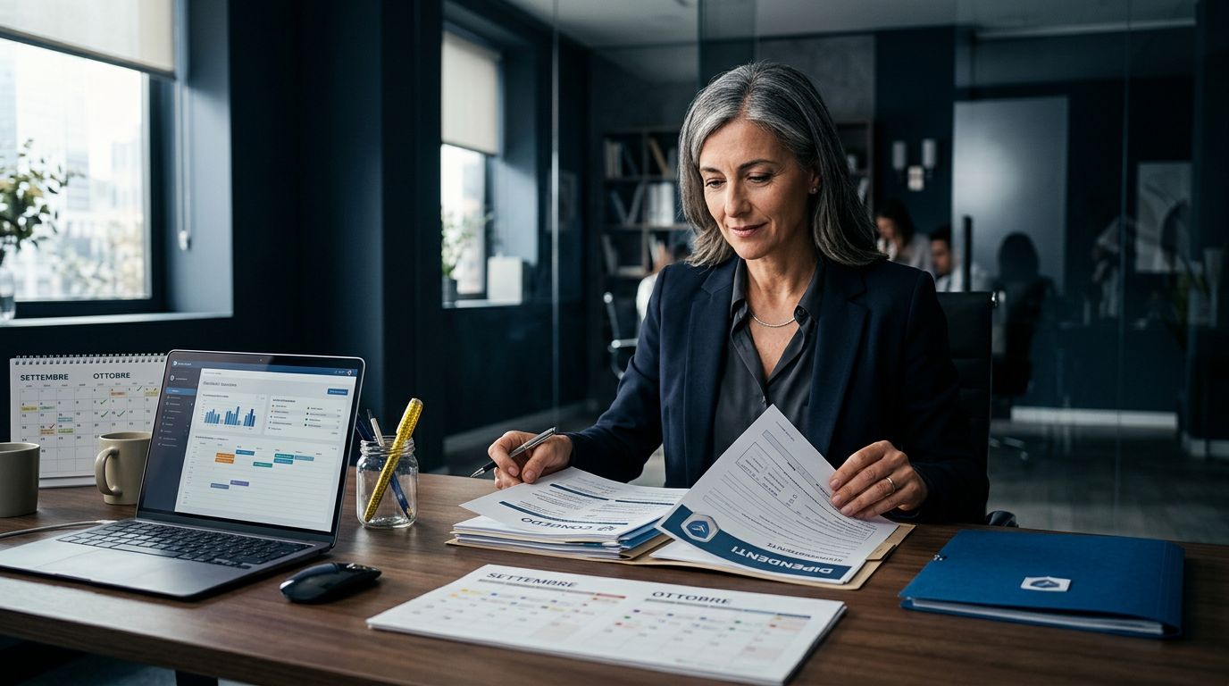Una responsabile HR consulta documenti, laptop e calendario in un ufficio moderno.