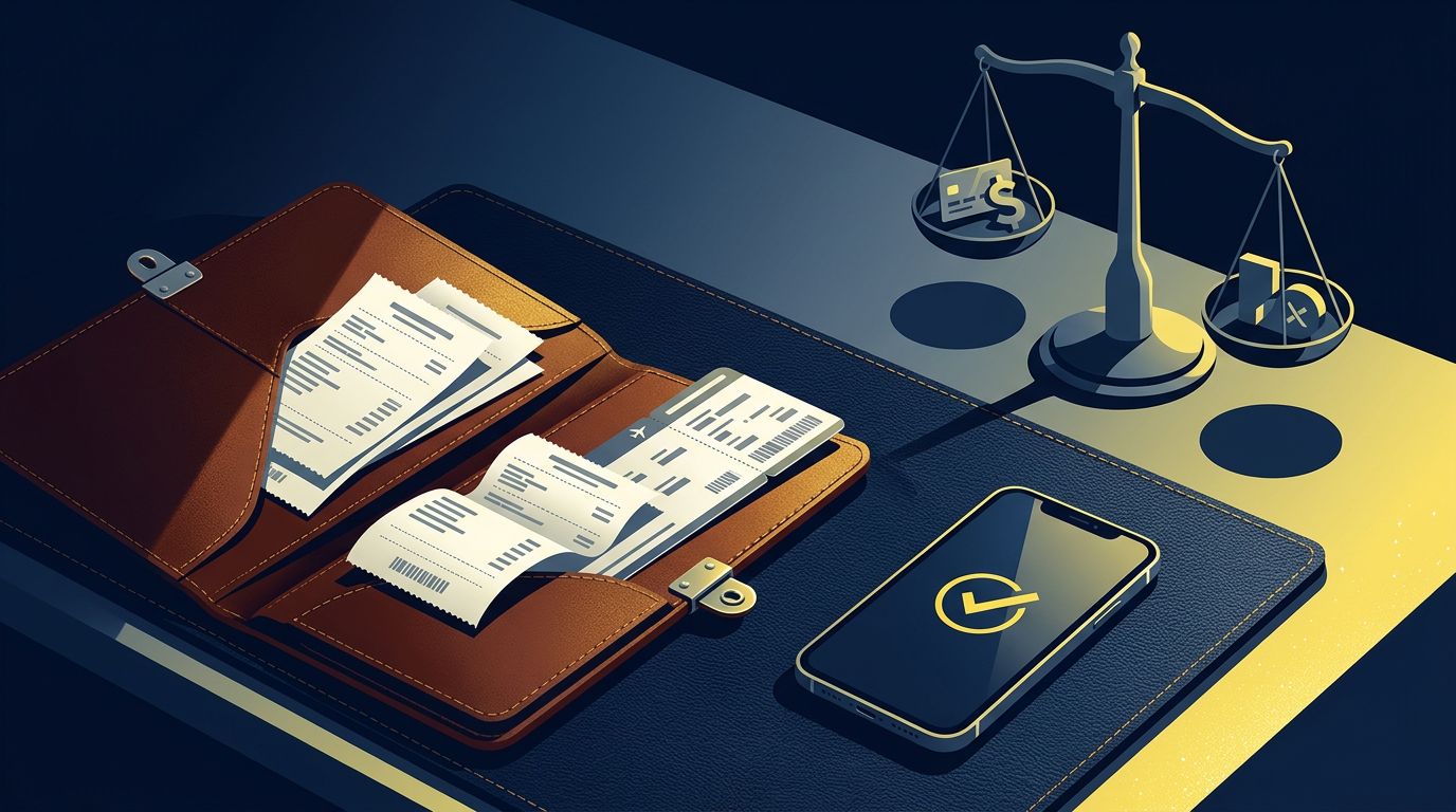 Scrivania con ricevute, carta d’imbarco, cartellina e smartphone per le spese di trasferta.