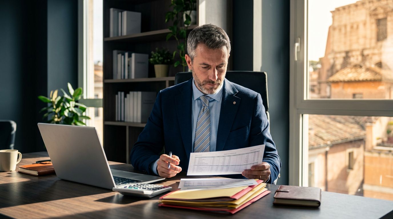 Consulente del lavoro esamina documenti paghe accanto a laptop e cartelle in un ufficio luminoso.