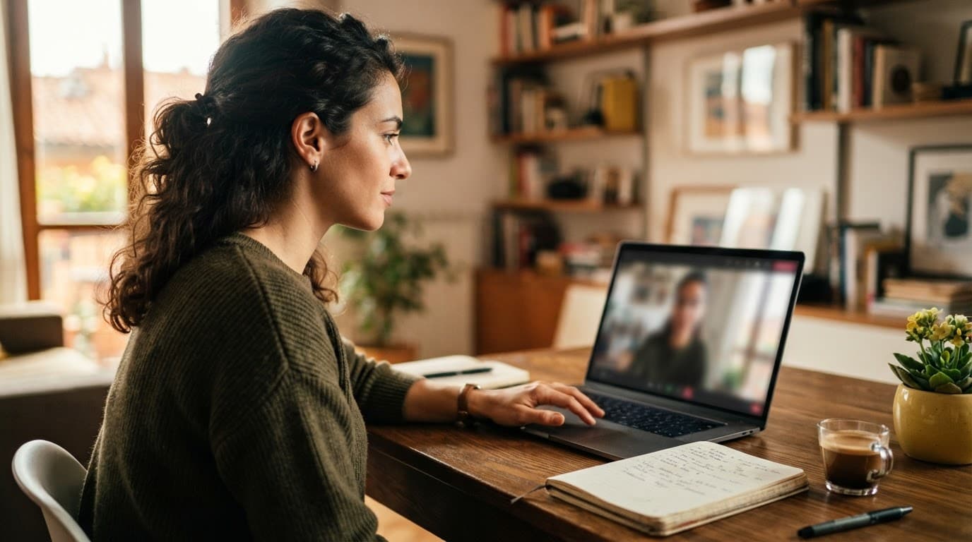 Dipendente in casa con laptop, notebook e caffè durante una revisione di onboarding.