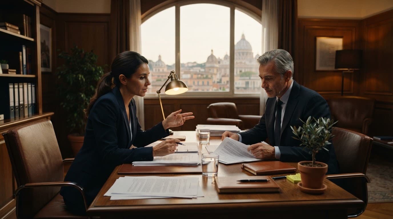 Due consulenti analizzano contratti di lavoro su una scrivania in legno.