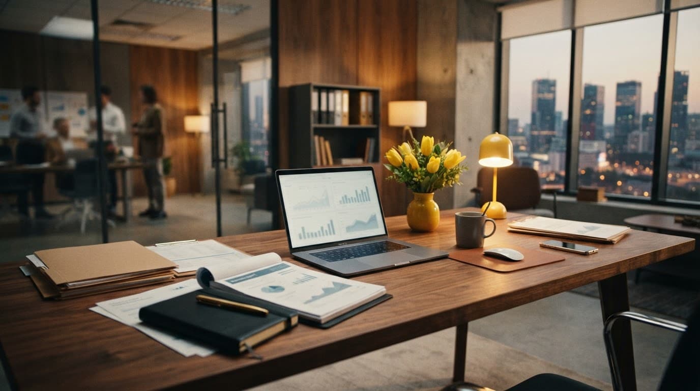 Laptop e documenti su una scrivania in legno illuminata da luce calda.