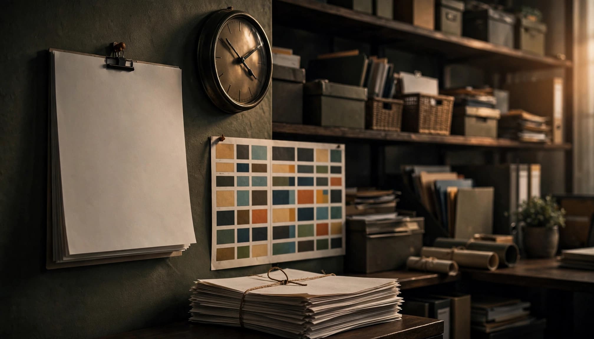 Un calendario vuoto e un orologio accanto a documenti paga, con scaffali sullo sfondo.