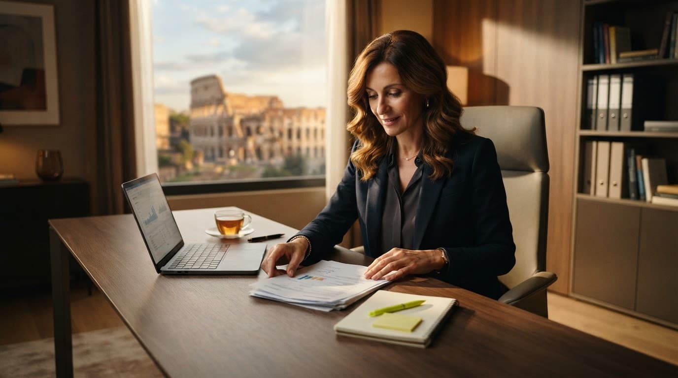 Consulente del lavoro con laptop e documenti in un ufficio romano.