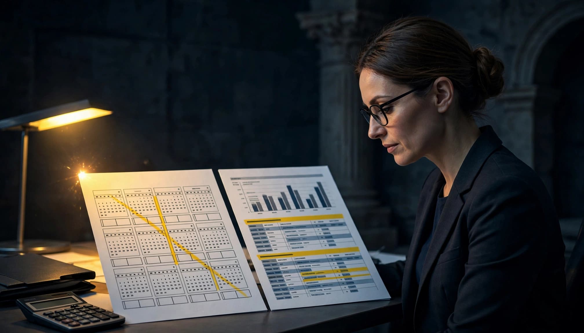Un consulente controlla un cedolino italiano e un calendario paghe alla scrivania.