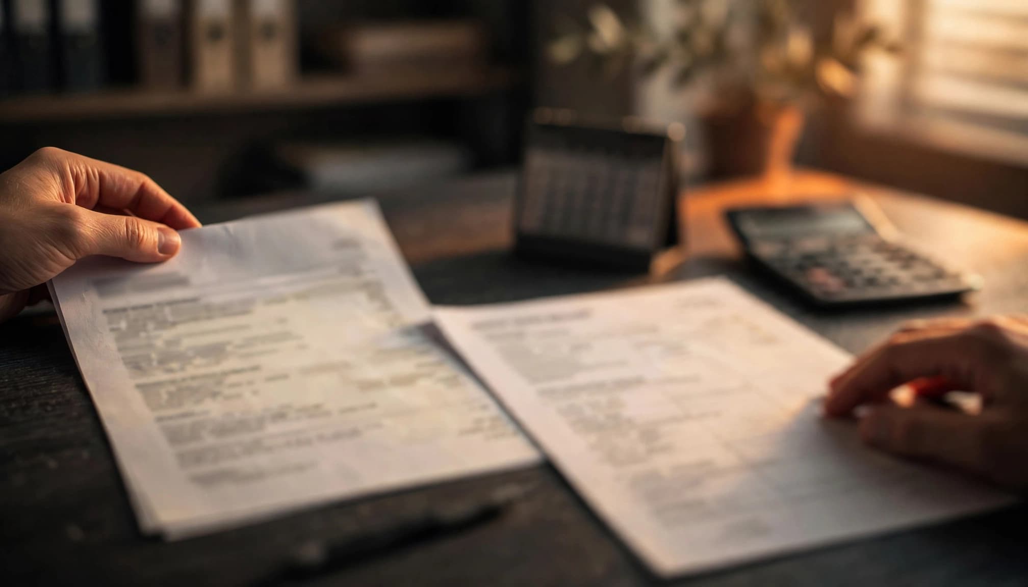 Due mani controllano documenti accanto a una calcolatrice e a un calendario.