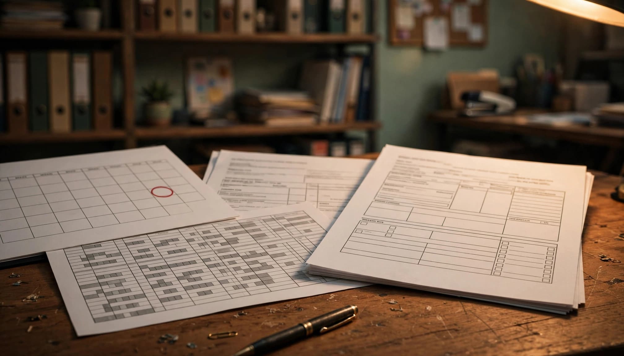 Un cedolino, una turnazione e pagine di calendario sono disposti su un tavolo di legno.