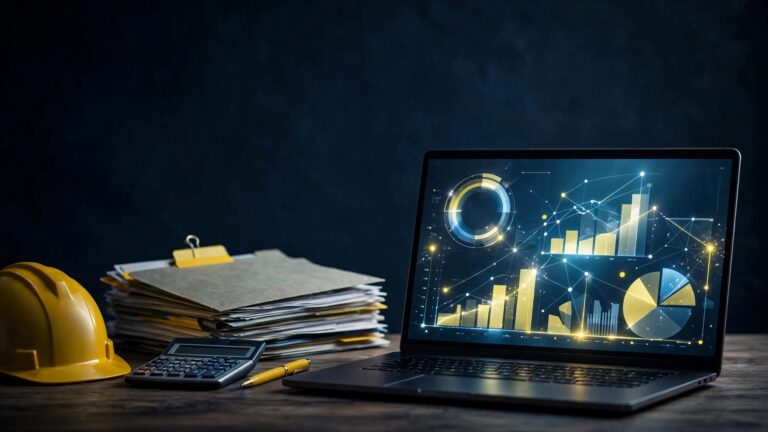 Laptop, documenti, calcolatrice e casco di sicurezza su una scrivania professionale.