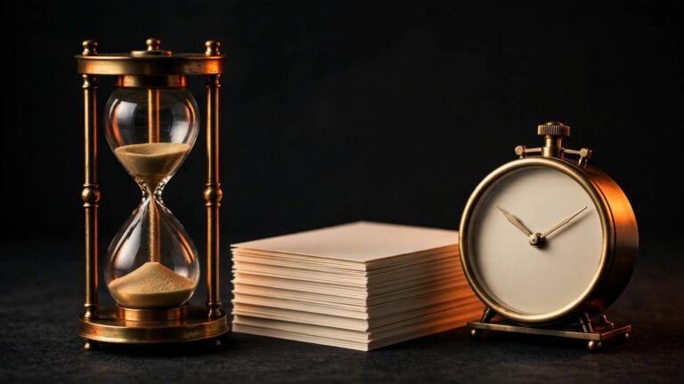 Una clessidra in ottone accanto a cartellini vuoti e a un orologio da tavolo.
