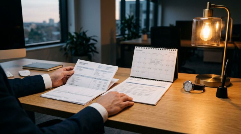 Una mano controlla la busta paga accanto a calendario, orario di lavoro e orologio.