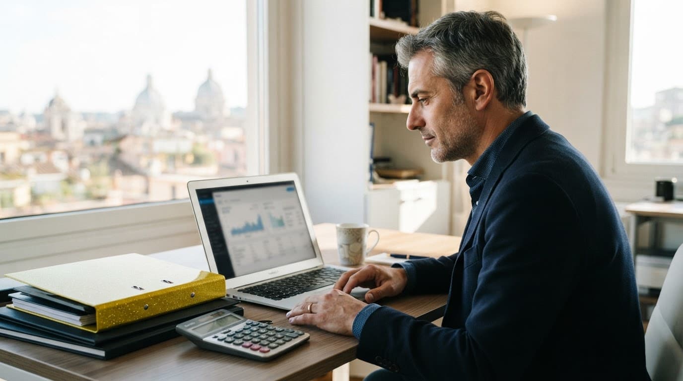 Imprenditore italiano osserva un laptop con dashboard sfocata, cartelle e calcolatrice sulla scrivania.