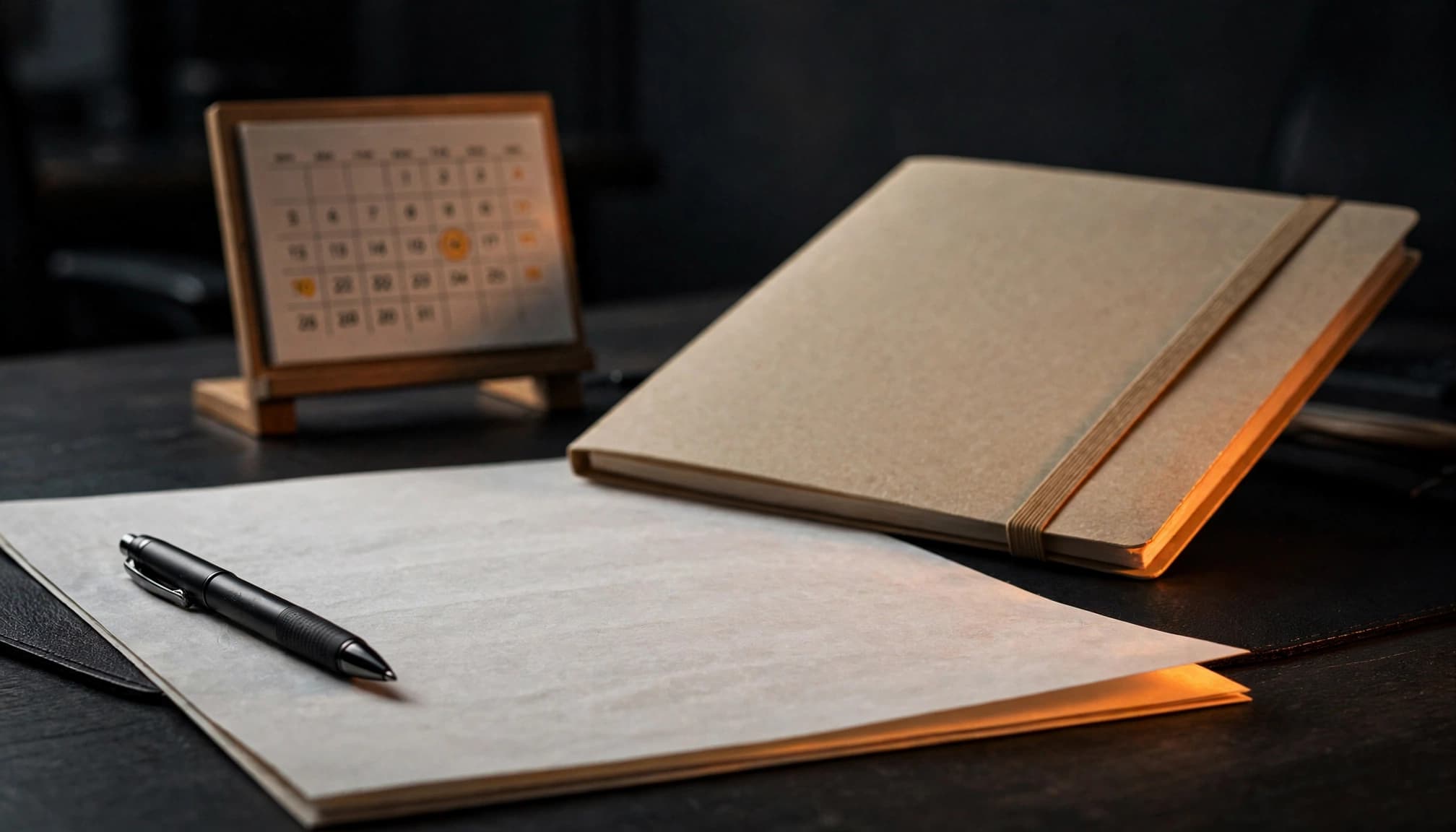 Lettera di assunzione, penna, cartellina e calendario su una scrivania professionale.