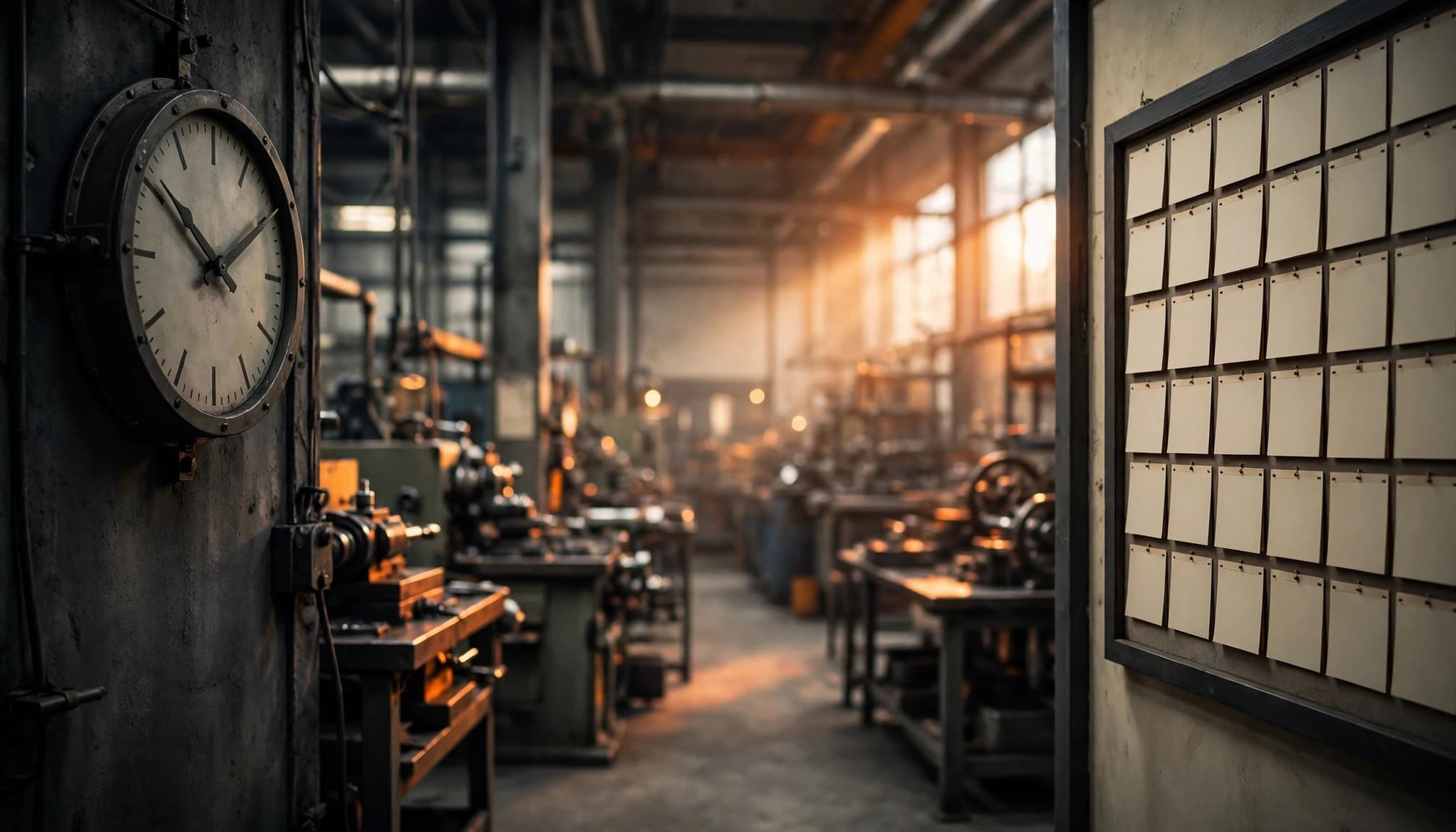 Un orologio industriale e una bacheca ordinata in un'officina.