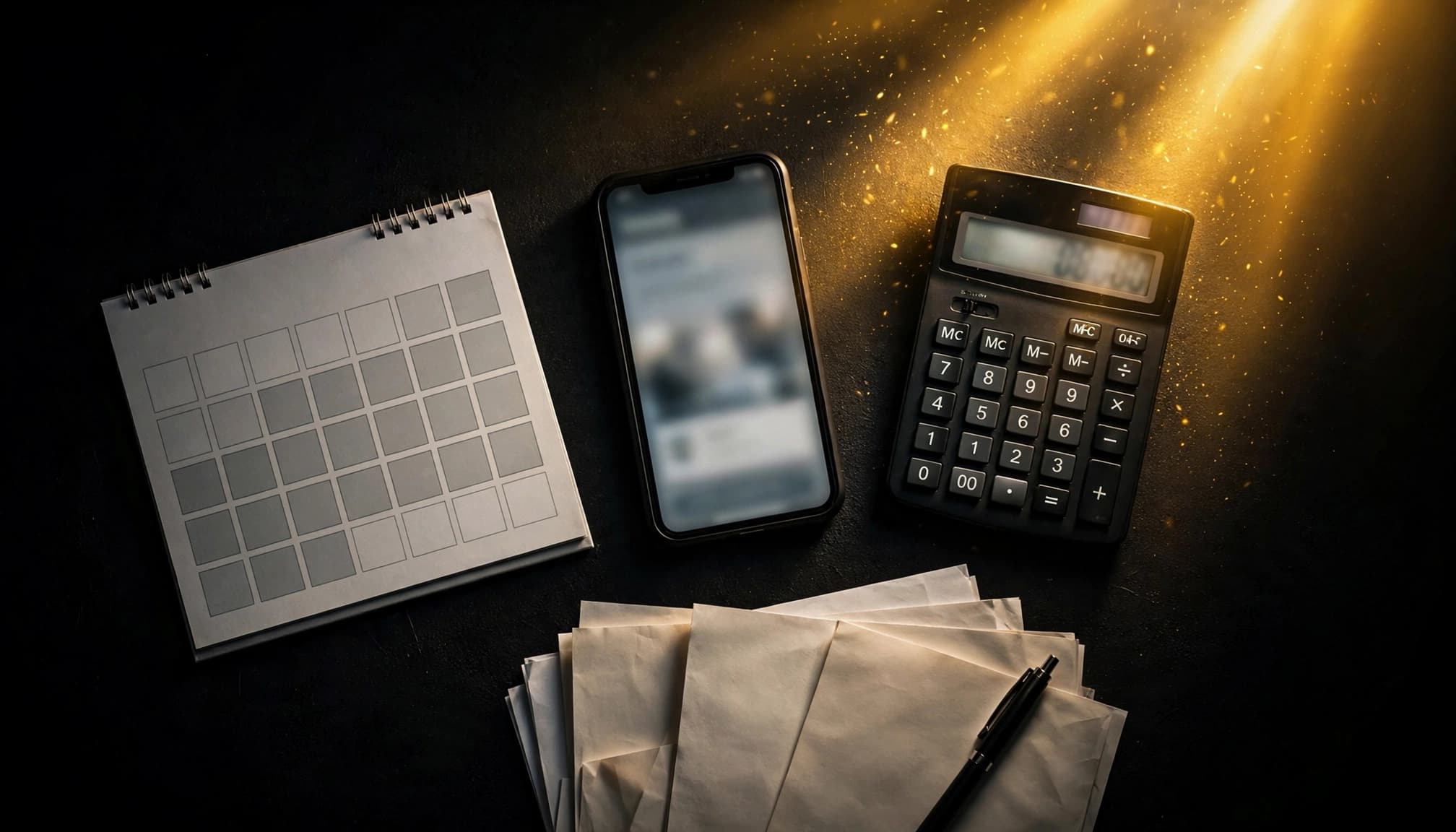 Calendario, smartphone, calcolatrice e documenti paga su un fondo scuro.