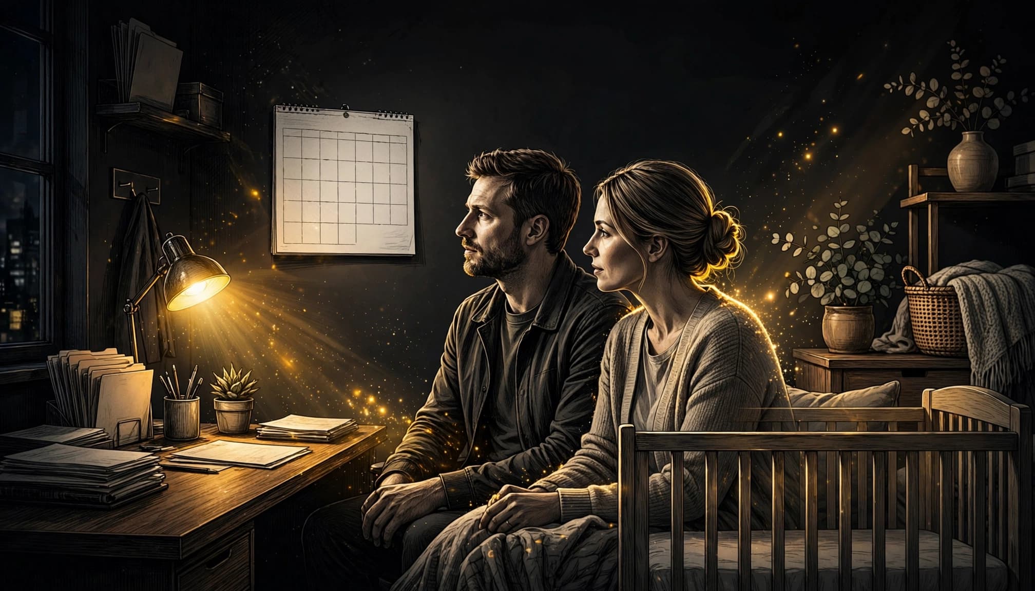 Una coppia pianifica il congedo accanto a una culla e a un calendario vuoto.