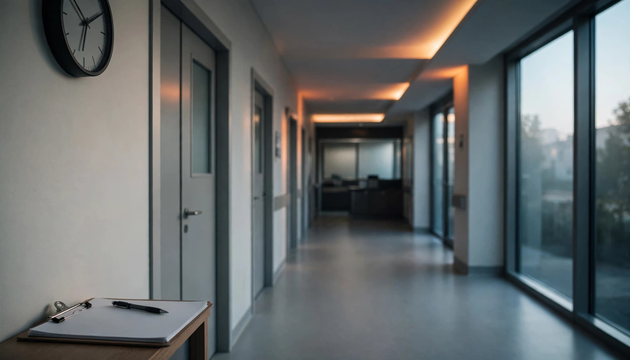 Una clipboard e un orologio in un corridoio ospedaliero vuoto.