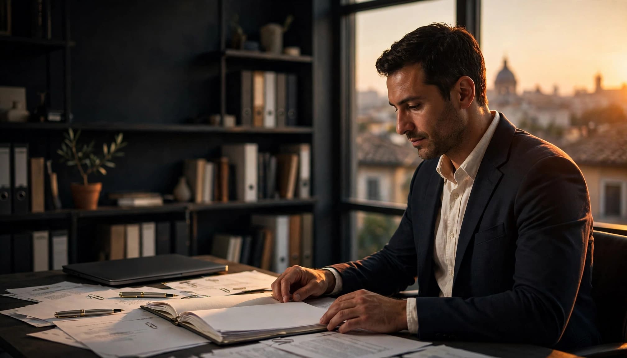 Professionista esamina documenti di licenziamento in uno studio romano.