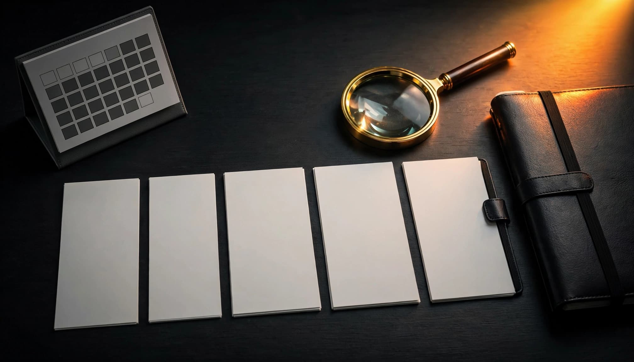 Schede bianche, lente d'ingrandimento, calendario e cartella su una scrivania scura.