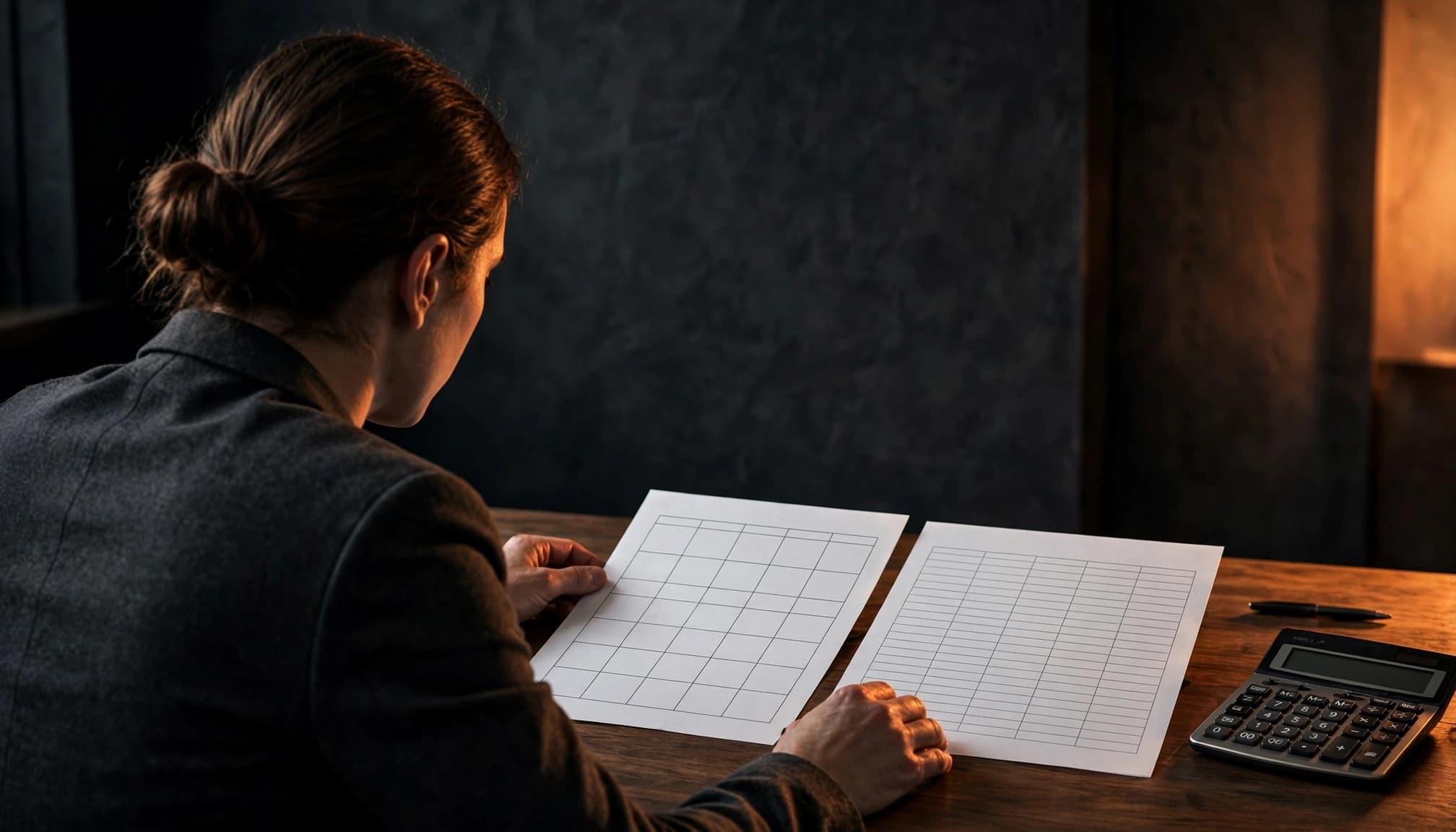 Una professionista confronta un calendario mensile e un foglio paga al tavolo.