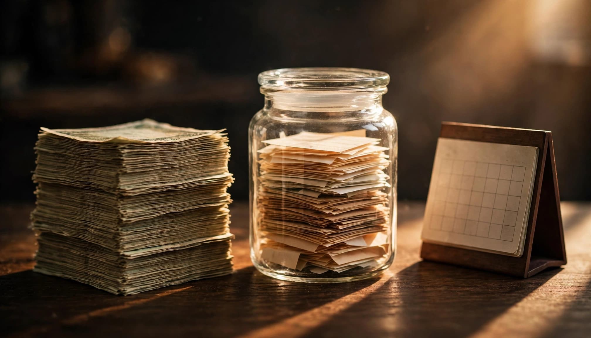 Un barattolo di vetro con fogli di carta, una pila di banconote e un piccolo calendario su un tavolo.